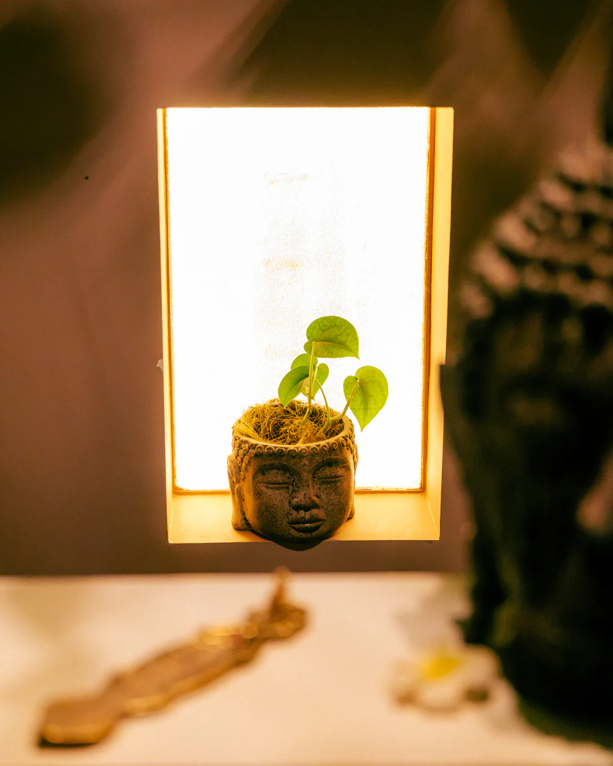 Small sculpture displayed in an illuminated wall niche