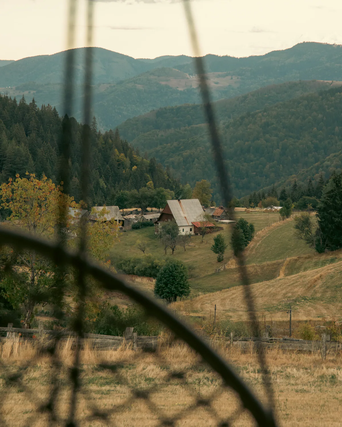 Mountain landscape seen through the ropes of a hanging chair