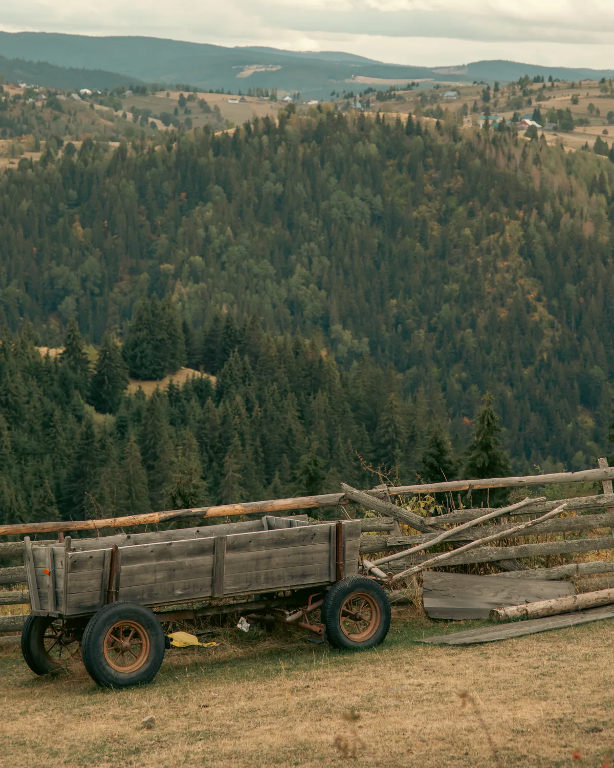 Rustic wooden cart overlooking a forested mountain valley