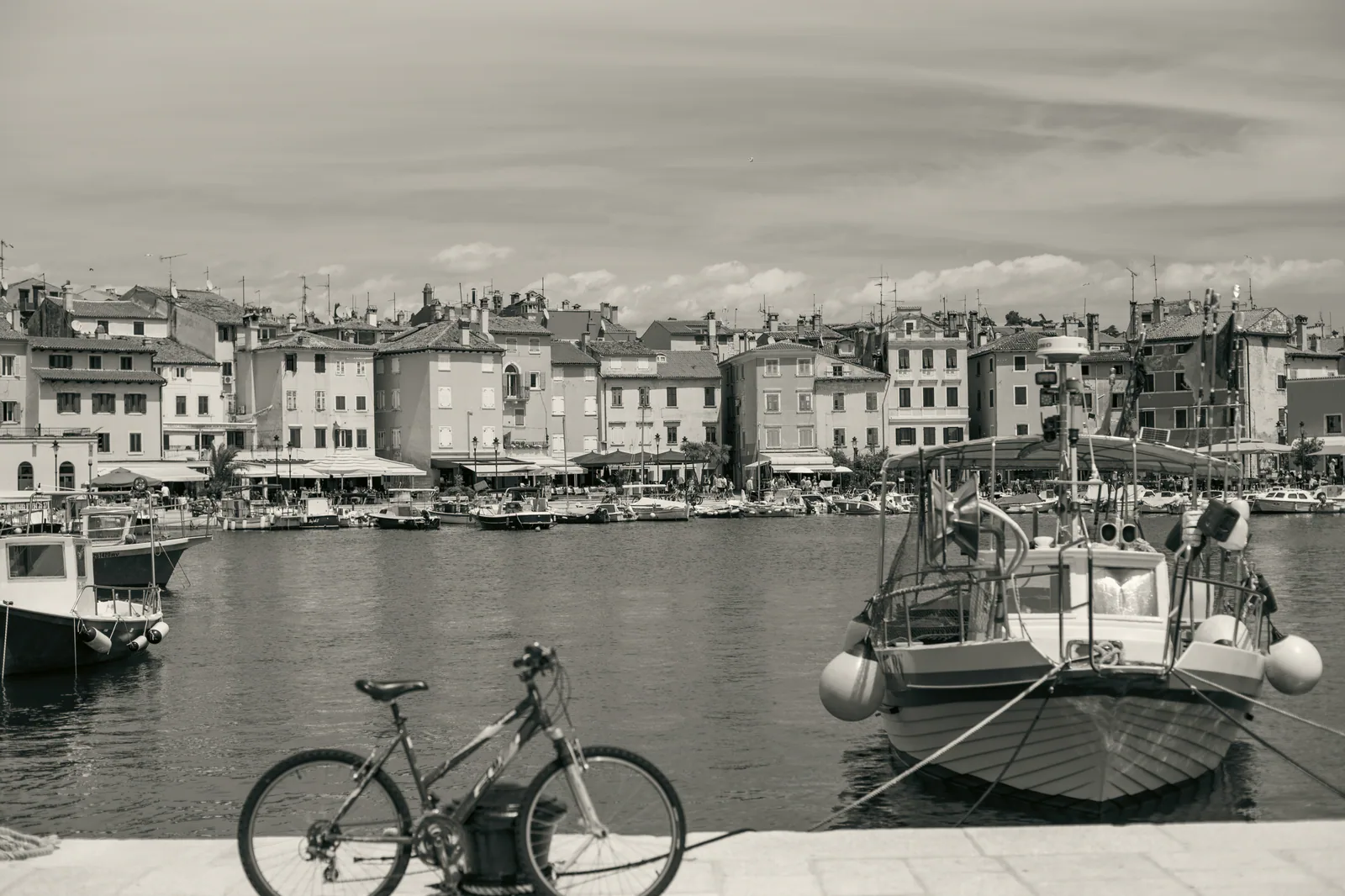 Bicycles parked beside a harbour