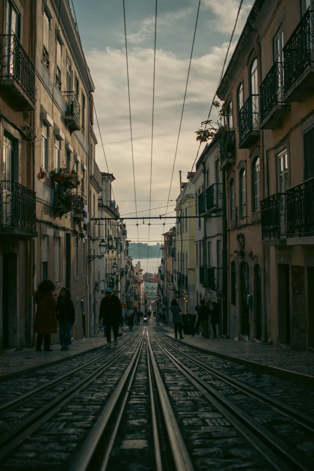 Tram tracks running through an old town street